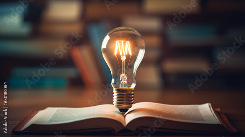 Glowing light bulb on a book, power of knowledge, wisdom from reading and learning concept.