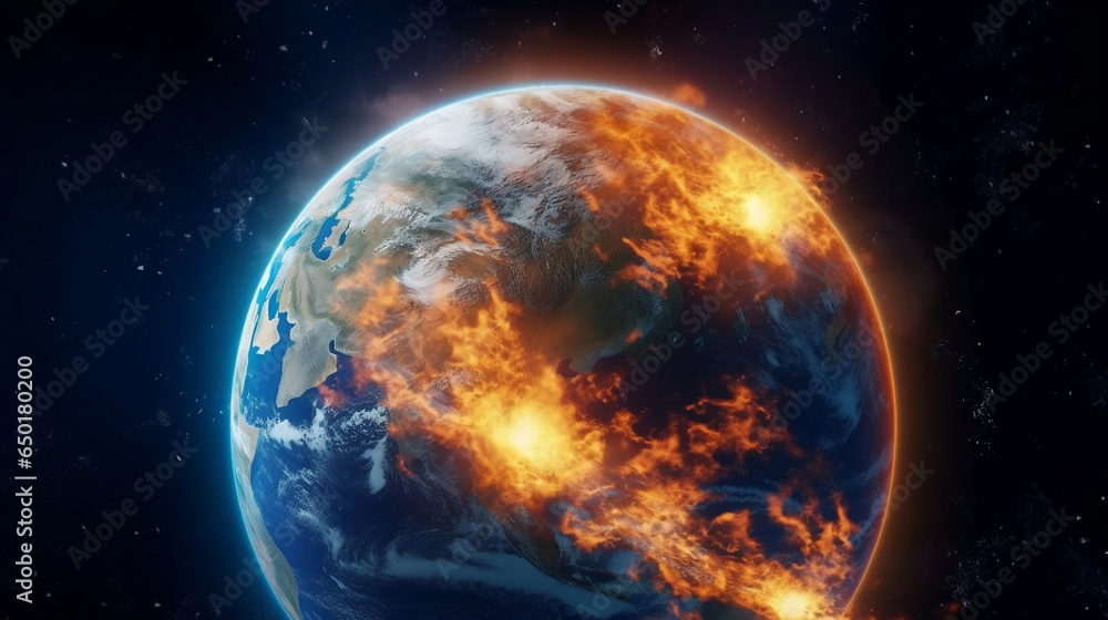Planet earth on fire, climate change, global warming and disaster concept illustration.