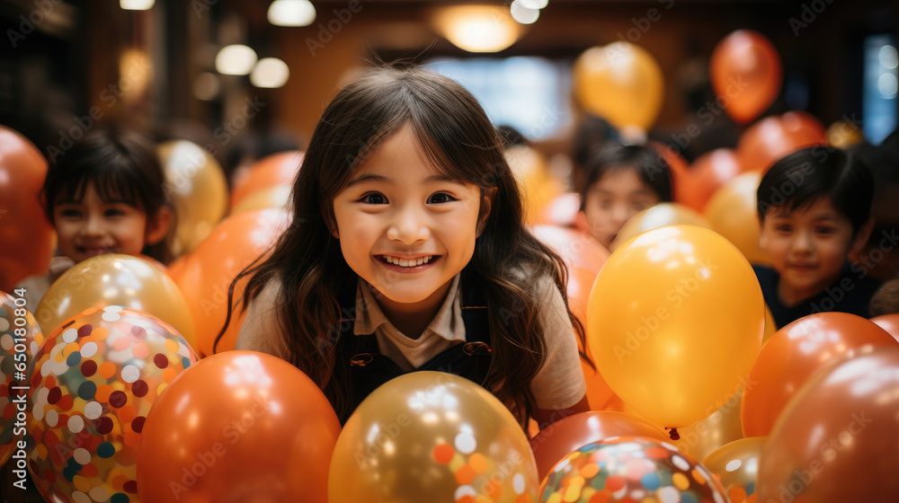 Fototapeta premium Generative AI, cheerful children of different nationalities at a holiday, birthday party, balloons, friends, kids, congratulations, joyful emotions, diversity, playroom, kindergarten, toddler, gifts