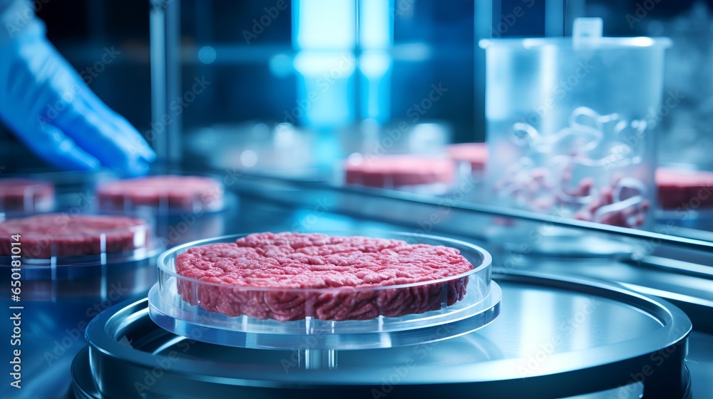 Labgrown meat in a sterile laboratory setting. The image highlights