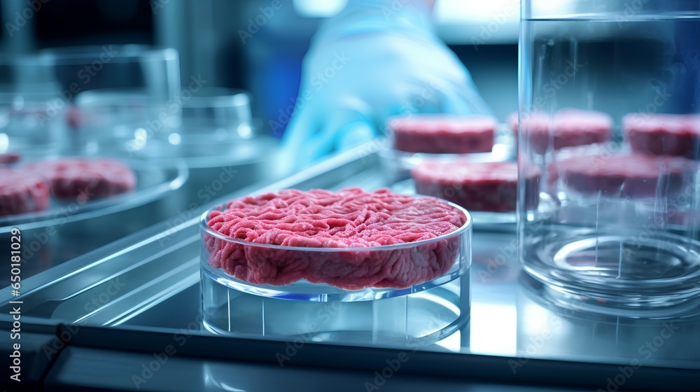 Labgrown meat in a sterile laboratory setting. The image highlights