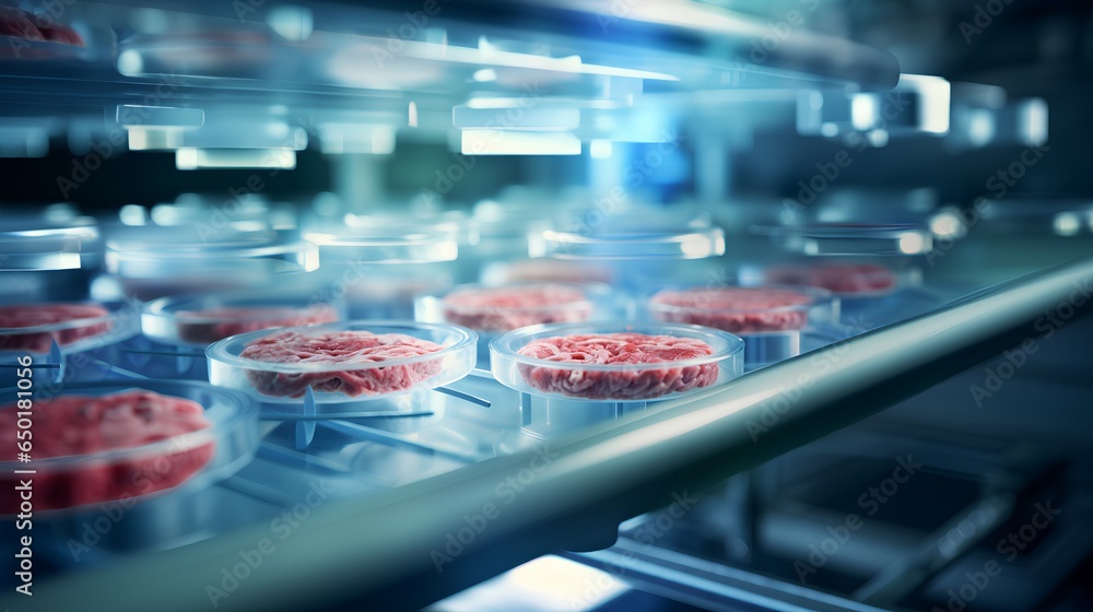 Labgrown meat in a sterile laboratory setting. The image highlights