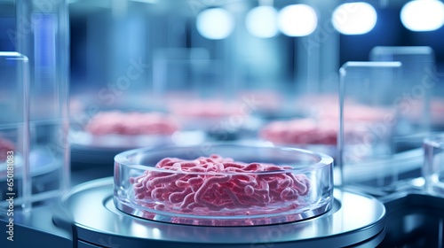 Concept of sustainable meat production and the future of food. It features cell-based meat, a revolutionary approach to meat production that reduces environmental impact and promotes animal welfare.
