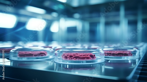 Concept of sustainable meat production and the future of food. It features cell-based meat, a revolutionary approach to meat production that reduces environmental impact and promotes animal welfare. photo