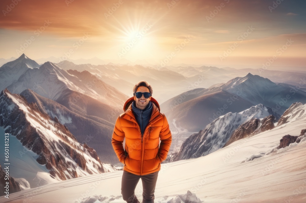 victorious climber man in an orange jacket and sunglasses is on the top of a mountain. A success of mountaineer reaching the summit. Outdoor adventure sports in winter moutain landscape