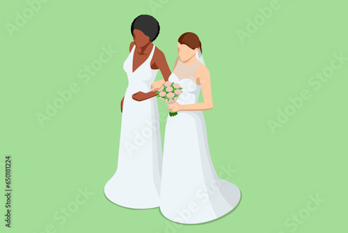 Isometric beautiful lesbian couple on their wedding day. Same sex wedding