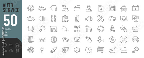 Auto Service Line Editable Icons set. Vector illustration in modern thin line style of car repair related symbols: bodywork, repair, engine, diagnostic, car parts, and more. Isolated on white