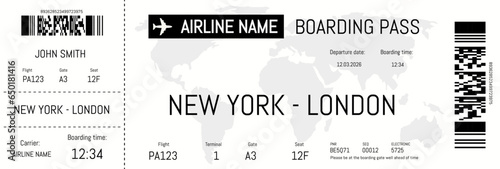 Simple flight boarding pass template. Airlines ticket mock-up. Vector illustration.