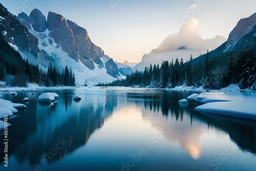 lake in the snowy mountains. AI-Generated © Rida