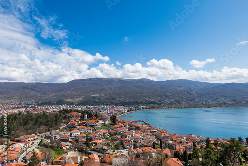 Aerial panorama of Ohrid Lake, city of Ohrid. Ohrid is a Macedonian resort and famous tourist destination under the auspices of UNESCO