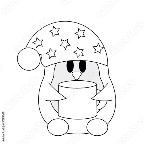 Cartoon cute sleep Penguin with Cup in black and white