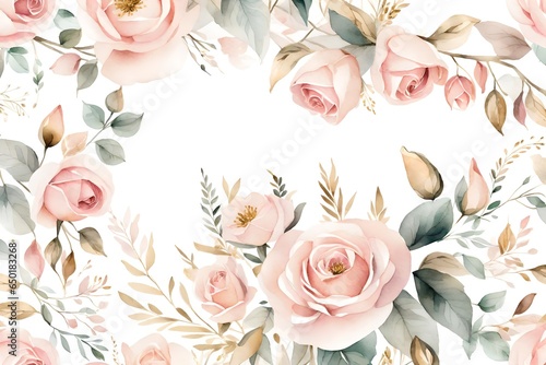 Watercolor Spring floral header with hand painted blush pink roses and gold leaves on white background.Delicate colorful botanical illustration for mothers day,