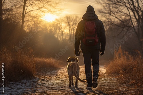 A person is seen walking their dog on a path covered in snow. This image can be used to depict winter walks, pet ownership, and outdoor activities in cold weather.
