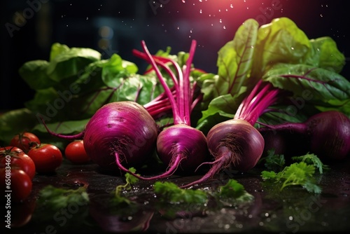 A bunch of beets sitting on top of a table. This vibrant and healthy image can be used in various culinary, food, or organic-themed designs.