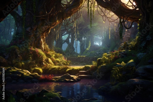 A serene painting depicting a forest with a stream flowing through it. This artwork captures the beauty and tranquility of nature. Perfect for adding a touch of serenity to any space. © Fotograf
