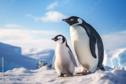 A picture of a couple of penguins standing on top of a snow covered ground. This image can be used to depict the beauty of nature, wildlife, or the winter season.