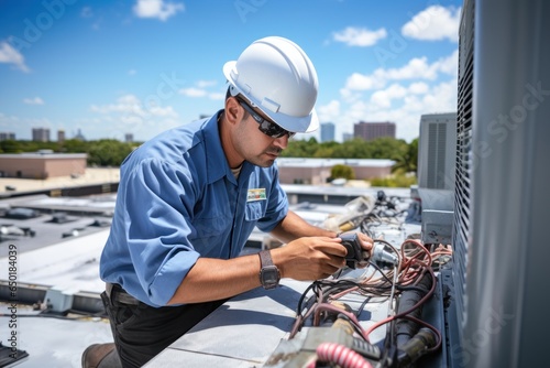 A man wearing a hard hat is diligently working on repairing an air conditioner. This image can be used to depict maintenance, repair, or construction work related to air conditioning systems.