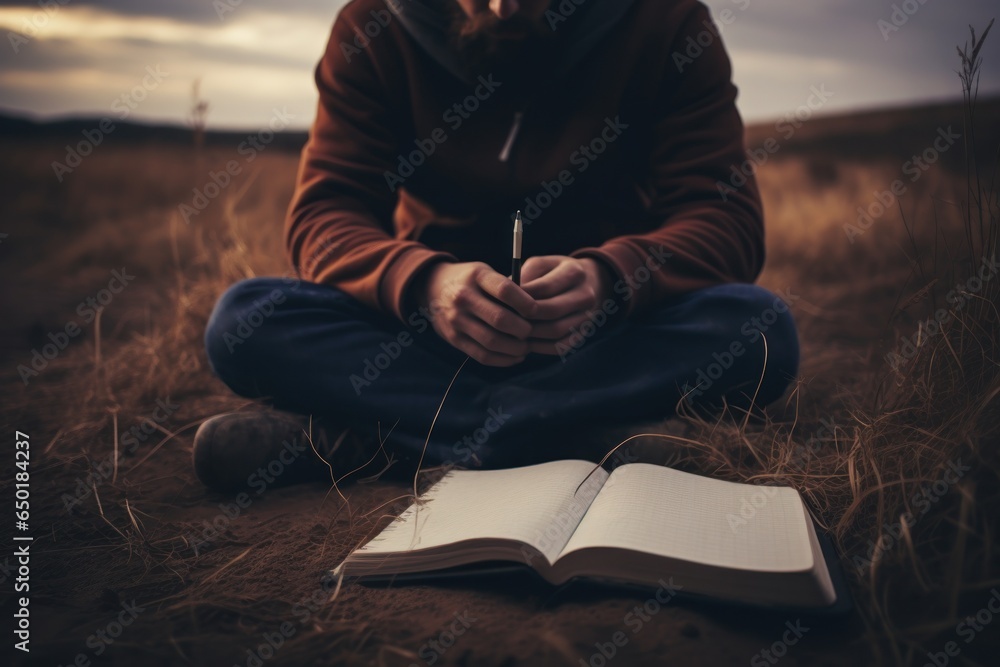 A person sitting on the ground with a book and pen. This image can be used to represent studying, writing, or learning. - obrazy, fototapety, plakaty 