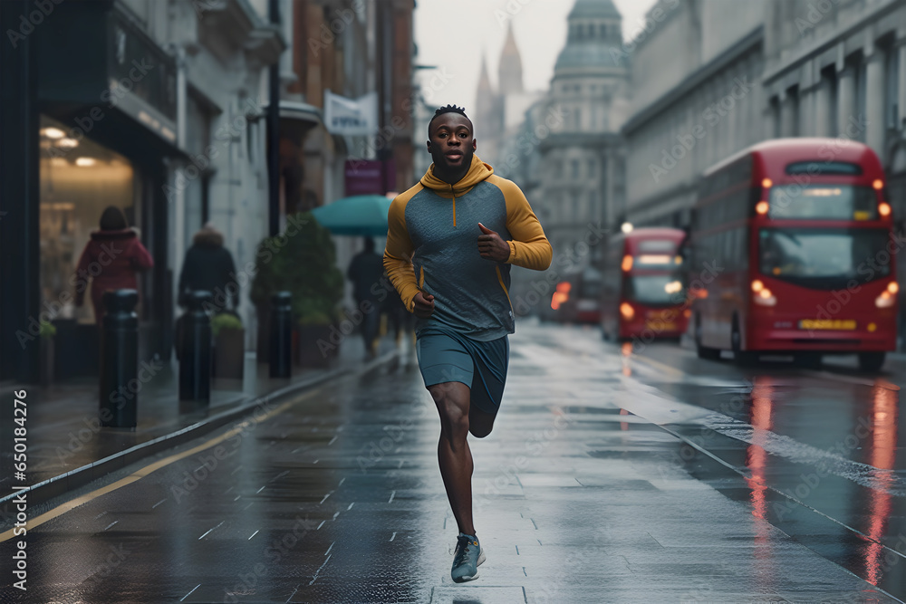 African-American runner runs through the city.