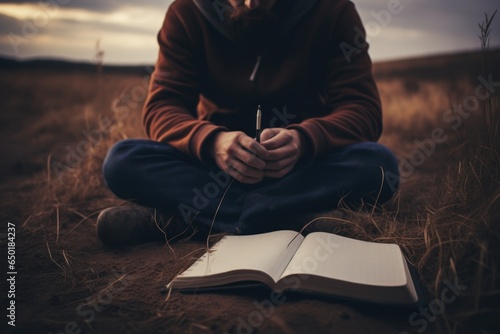 A person sitting on the ground with a book and pen. This image can be used to represent studying, writing, or learning.