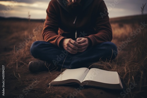 Tableau sur toile A person sitting on the ground with a book and pen
