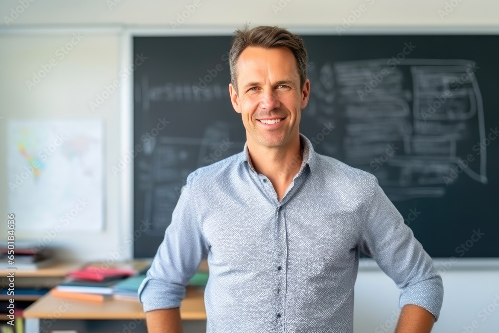 Fototapeta premium Youthful Teacher in a Trendy School Setting