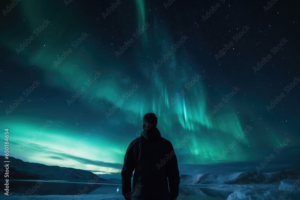 Back View of Man in Awe of Northern Lights