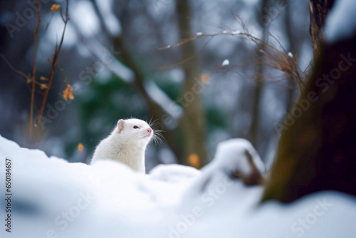 Cute tiny white winter weasel in the snow forest