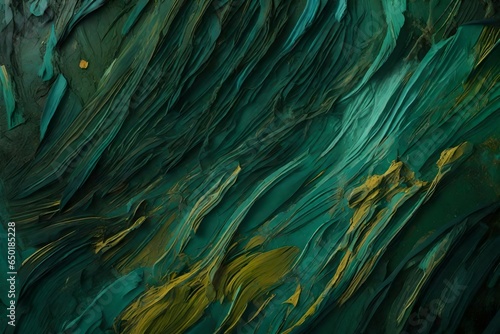 Closeup of abstract rough colorfuldark green art painting texture background wallpaper, with oil or acrylic brushstroke waves, pallet knife paint on canvas