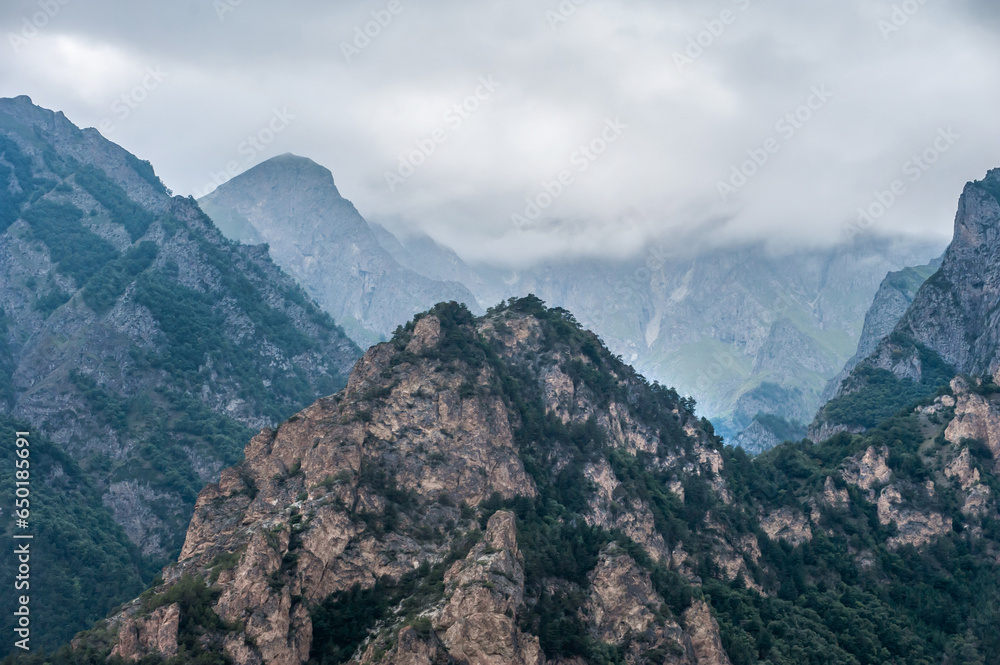 Fototapeta premium Mountain peaks with trees against a background of cloudy sky and clouds