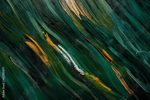 Closeup of abstract rough colorfuldark green art painting texture background wallpaper, with oil or acrylic brushstroke waves, pallet knife paint on canvas