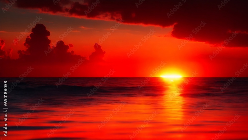 Horizon Aglow: Red, Yellow, and Orange Sunset Over the Sea