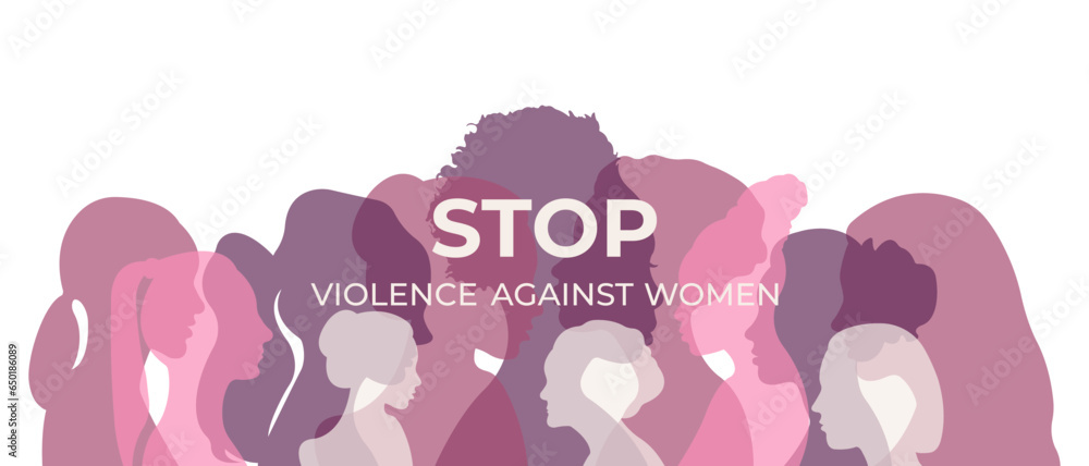 International Day for the Elimination of Violence Against Women.Horizontal banner with silhouettes of women.Vector illustration. - obrazy, fototapety, plakaty 