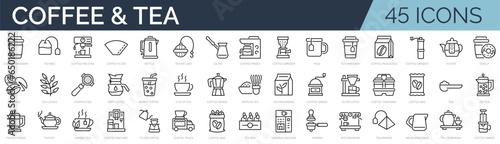 Obraz na płótnie Set of 45 outline icons related to coffee and tea