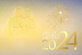 Feliz ano novo. Happy new year. Cartão de feliz ano novo. Banner. Cartão colorido com tons pasteis dourados. 2024. Balões dourados e fogos de artifício. Cartão moderno e elegante. 