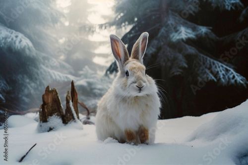 Snow rabbit in a winter forest