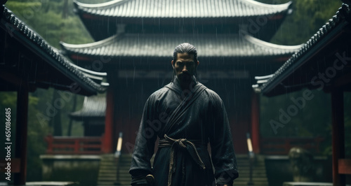 Asian culture, Traditional Japanese, Epic samurai with a weapon sword standing in front of a old temple on rainy day.