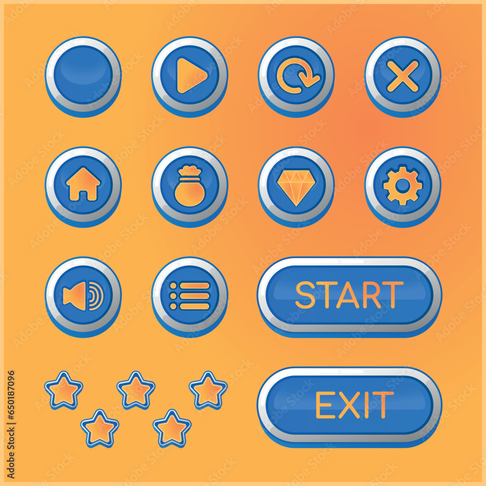 UI buttons icons set. Isolated vector illustration of mobile game sprites. Design elements, menu and assets for user interface. Flat sprite sheet. For game, arcade, sticker, application UI buttons icons set. Isolated vector illustration of mobile game sprites. Design elements, menu and assets for user interface. Flat sprite sheet. For game, arcade, sticker, application