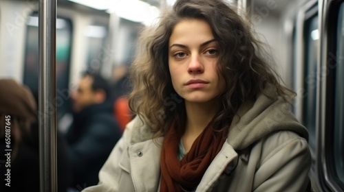Beautiful passenger woman in a subway metro train, Public transport