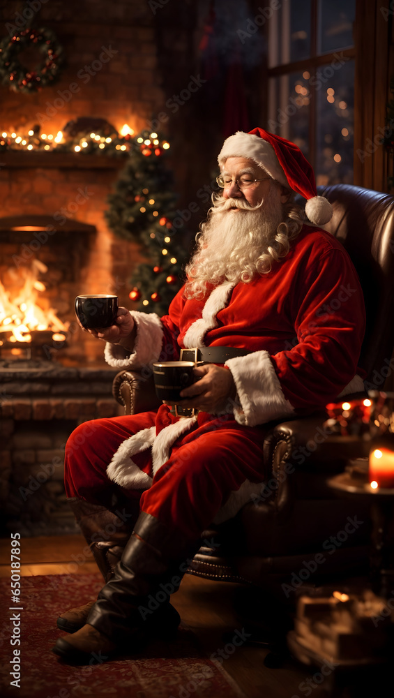 Santa Claus drinking coffee with a fireplace in the background