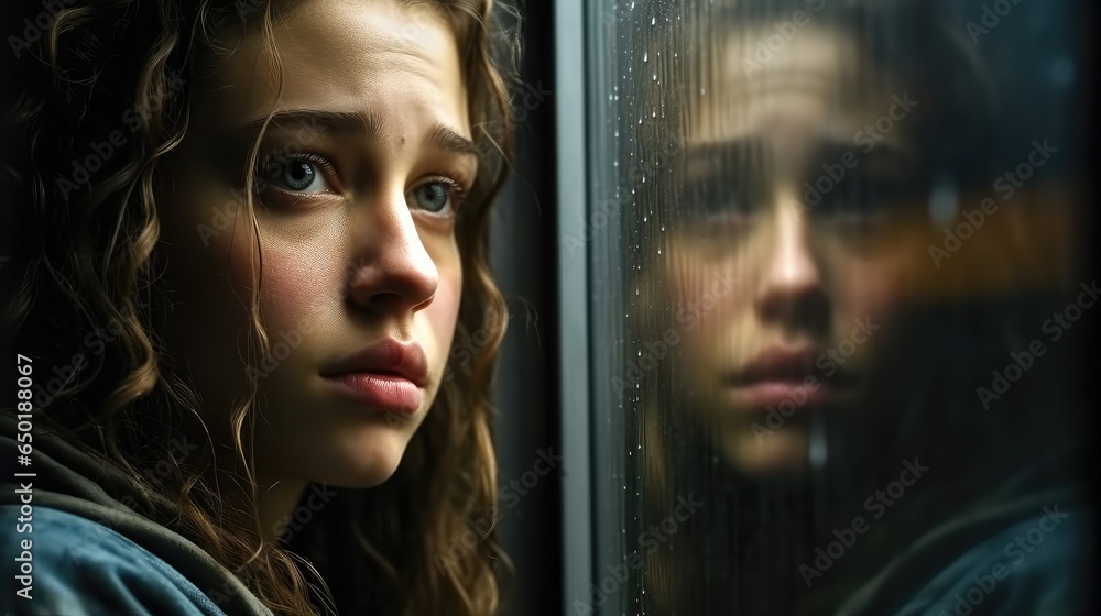 Depression, Sad unhappy teenage girl, Thinking and depressed in home. - obrazy, fototapety, plakaty 