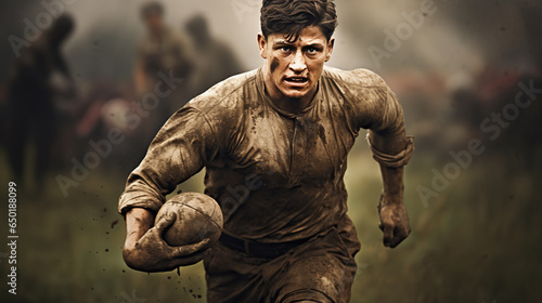 Rugby strong player running with ball in stadium. great photo for a sports promotional poster, ai