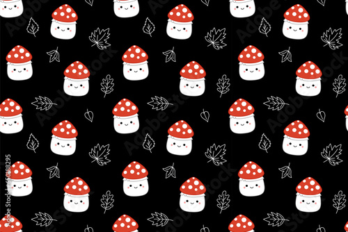Black background with amanitas and fallen leaves. Squishmallow. Amanita. Kawaii Vector
