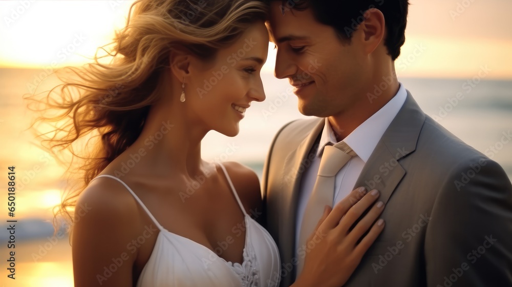 Happy bride and groom wearing suit and wedding dress at the sea on the beach, Wedding at the sea. Happy bride and groom wearing suit and wedding dress at the sea on the beach, Wedding at the sea.