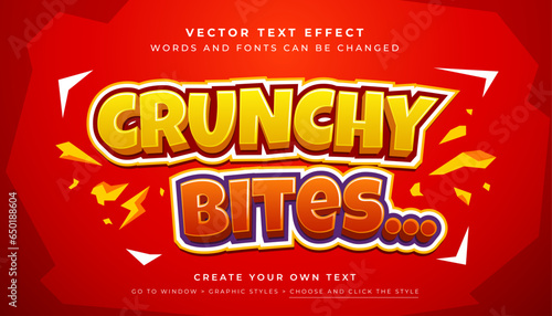 Vector Editable 3D orange red text effect. Crunchy bites snacks graphic style on red background