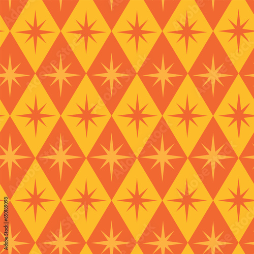 Mid Century Retro Starbursts on orange and amber diamond shapes seamless pattern. For home décor, wallpaper and retro posters. 