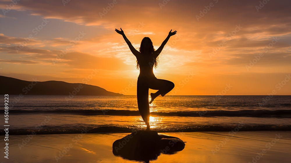 Young woman practicing yoga on a beach on sunrise