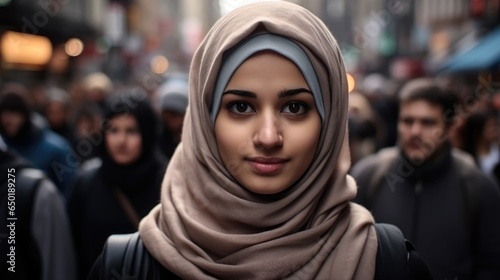 Muslim woman standing alone in the city against a people background.