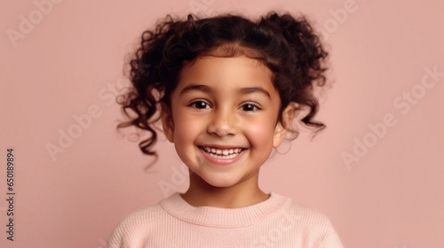 Cute little girl posing on a soft pink background. © iuricazac