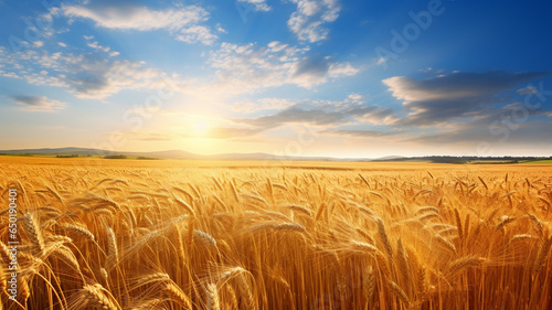 Golden yellow wheat field and bright sky in the morning.